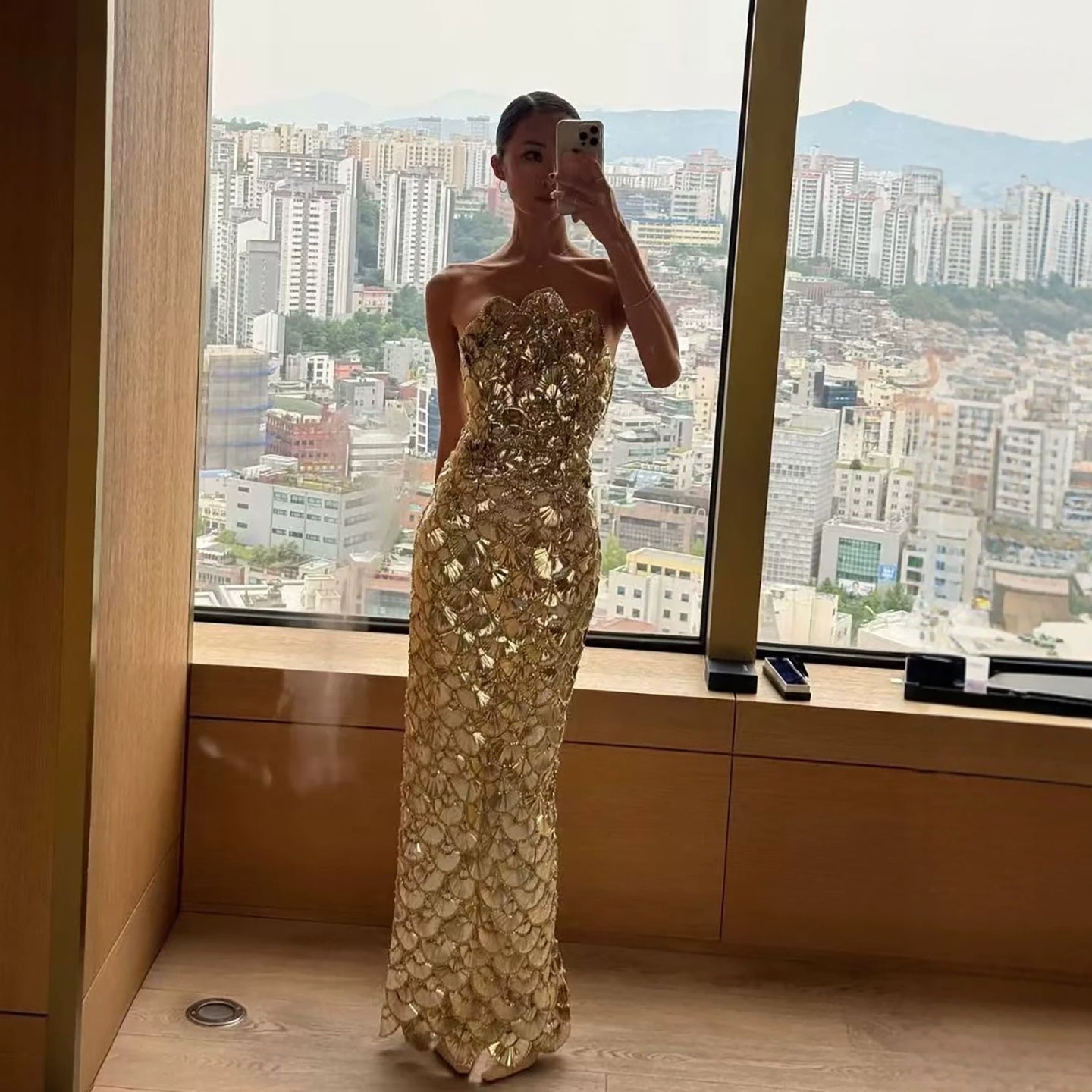 Luxury Gold Scallop Strapless Evening Dress Back Split LA73772 SERENE HILL