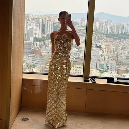Luxury Gold Scallop Strapless Evening Dress Back Split LA73772 SERENE HILL