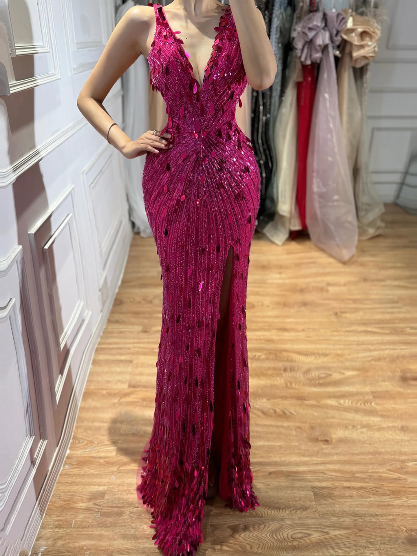Luxury Blue V Neck Cutout Beaded Mermaid Evening Dress LA73773 SERENE HILL