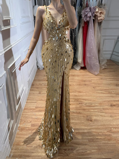 Luxury Blue V Neck Cutout Beaded Mermaid Evening Dress LA73773 SERENE HILL