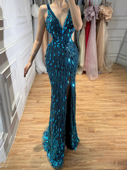 Luxury Blue V Neck Cutout Beaded Mermaid Evening Dress LA73773 SERENE HILL