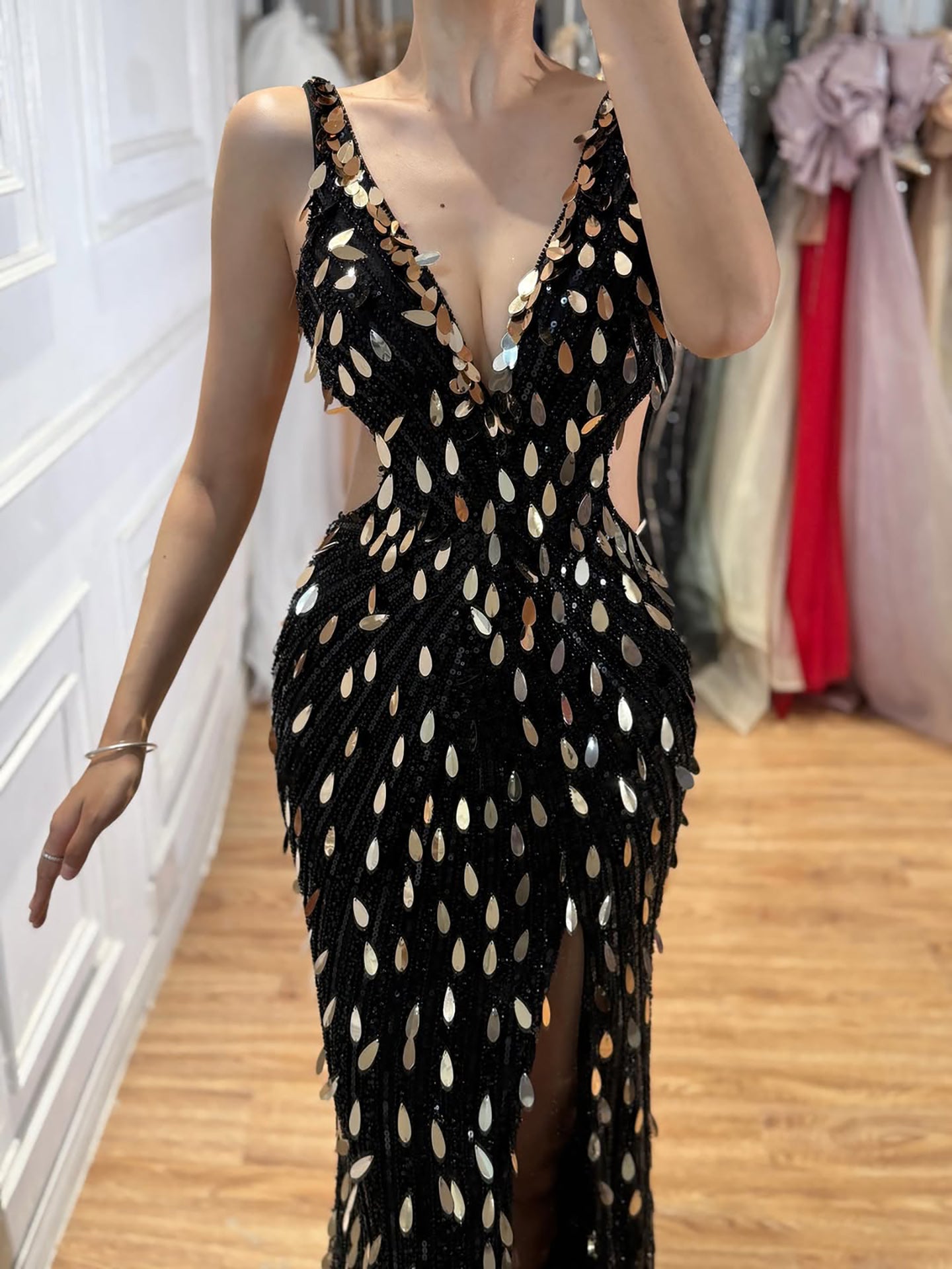Luxury Blue V Neck Cutout Beaded Mermaid Evening Dress LA73773 SERENE HILL