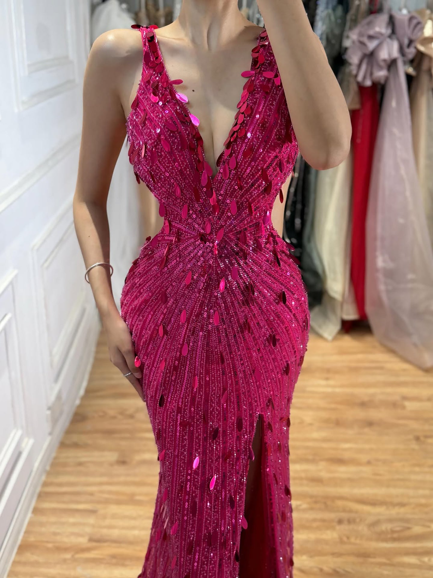 Luxury Blue V Neck Cutout Beaded Mermaid Evening Dress LA73773 SERENE HILL