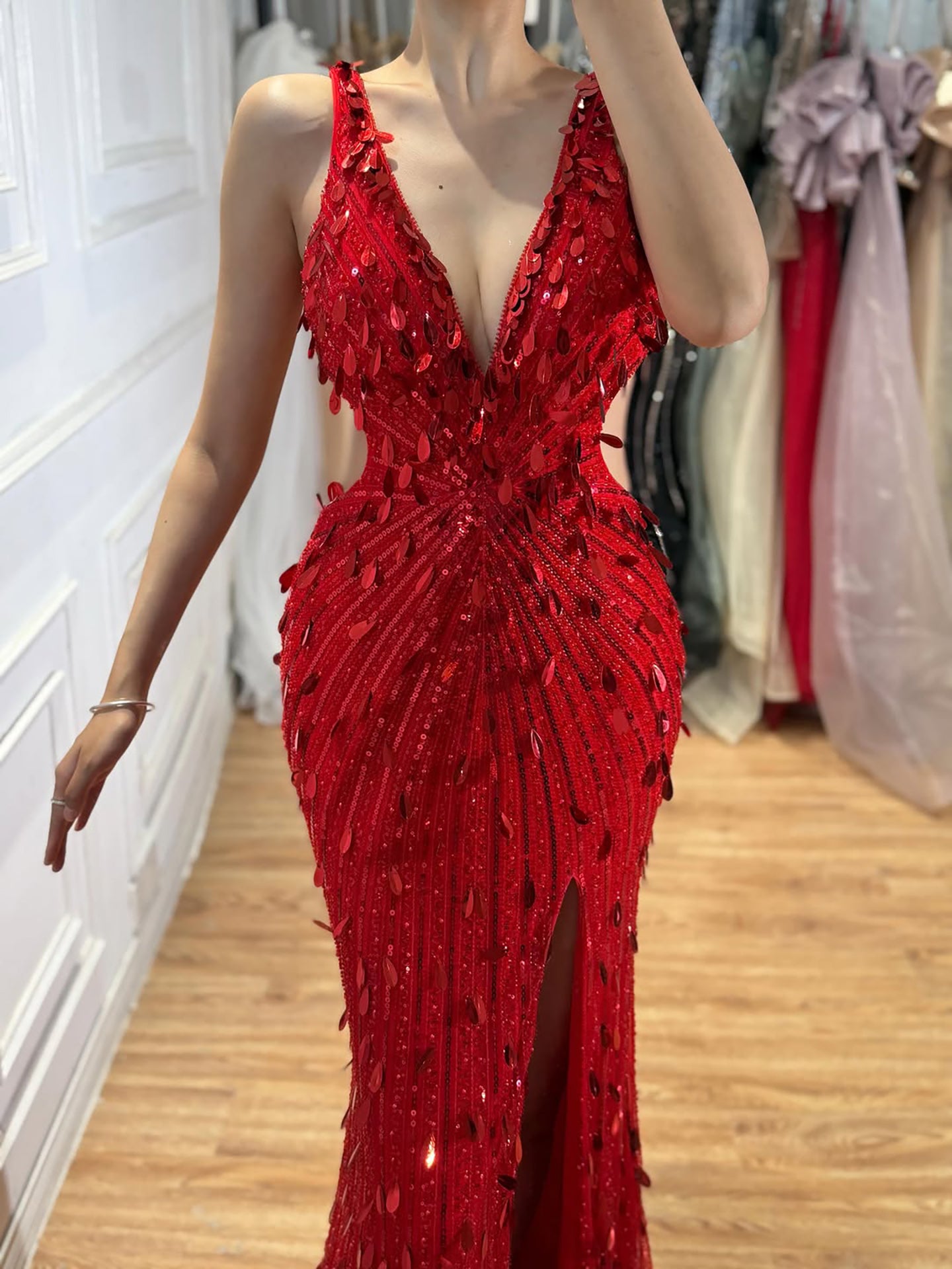 Luxury Blue V Neck Cutout Beaded Mermaid Evening Dress LA73773 SERENE HILL