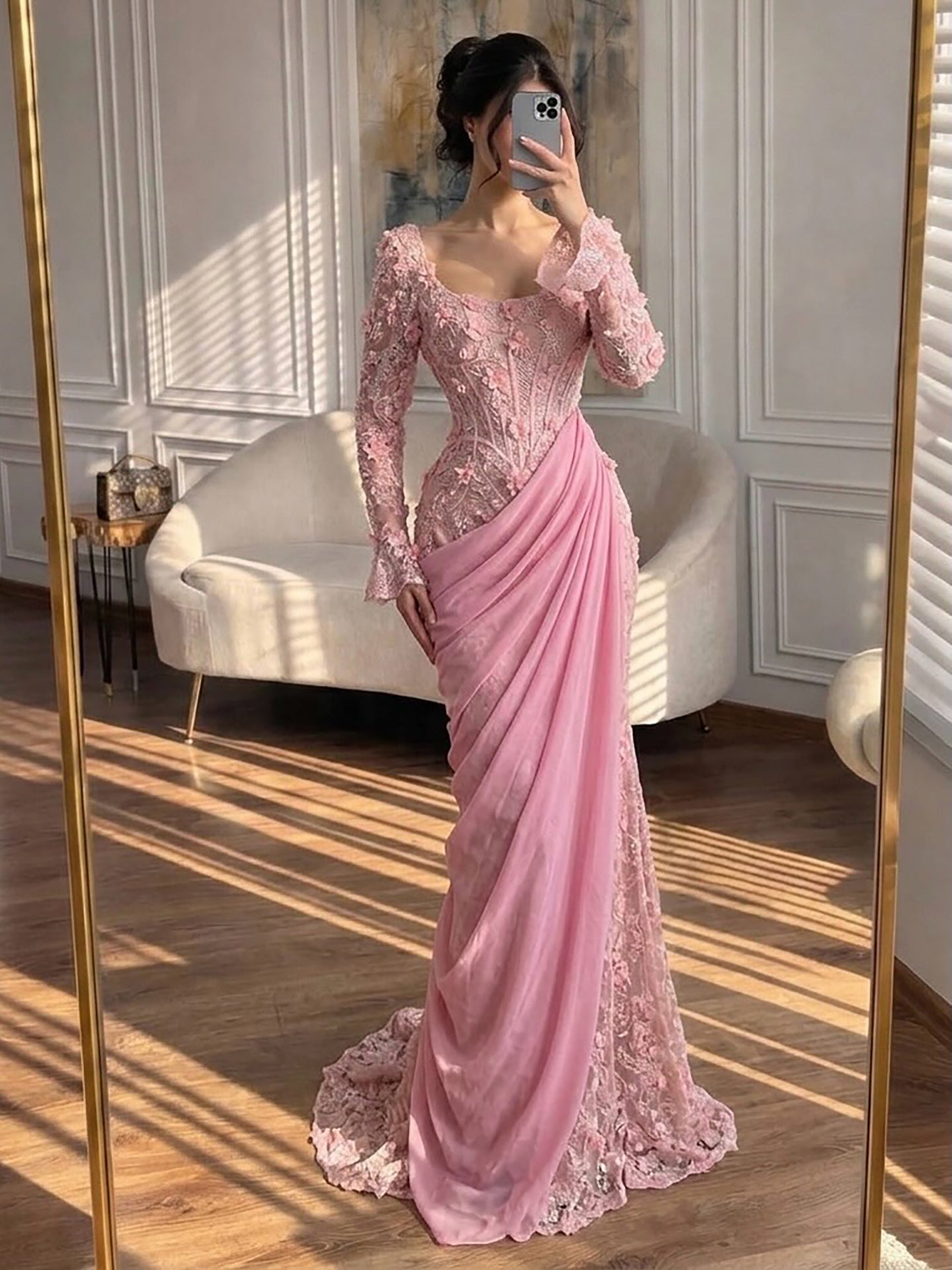 Luxury Pink 3D Floral Beaded Mermaid Gown LA73774 SERENE HILL