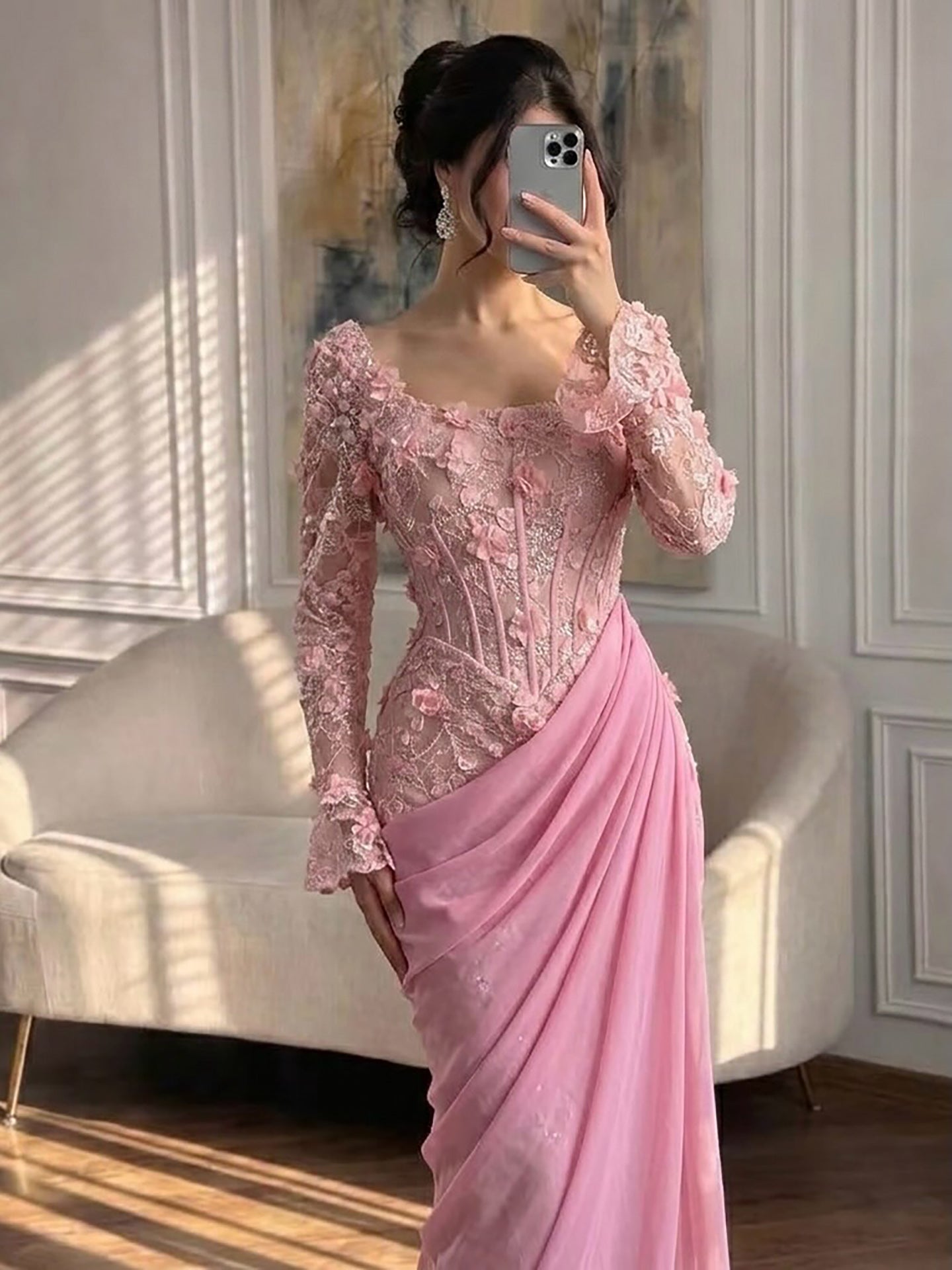 Luxury Pink 3D Floral Beaded Mermaid Gown LA73774 SERENE HILL