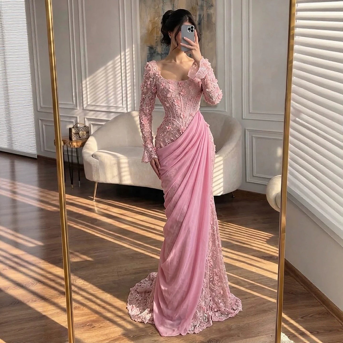 Luxury Pink 3D Floral Beaded Mermaid Gown LA73774 SERENE HILL