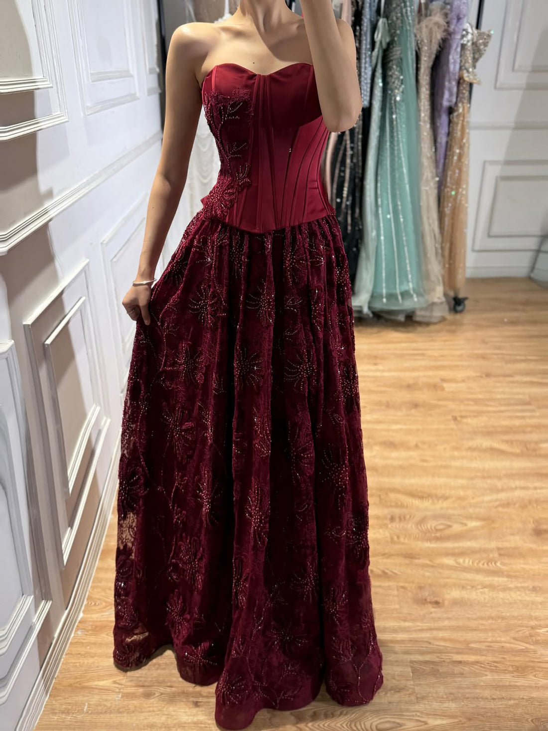 Luxury Wine Red Strapless Beaded Corset A-Line Evening Dress LA73775 SERENE HILL