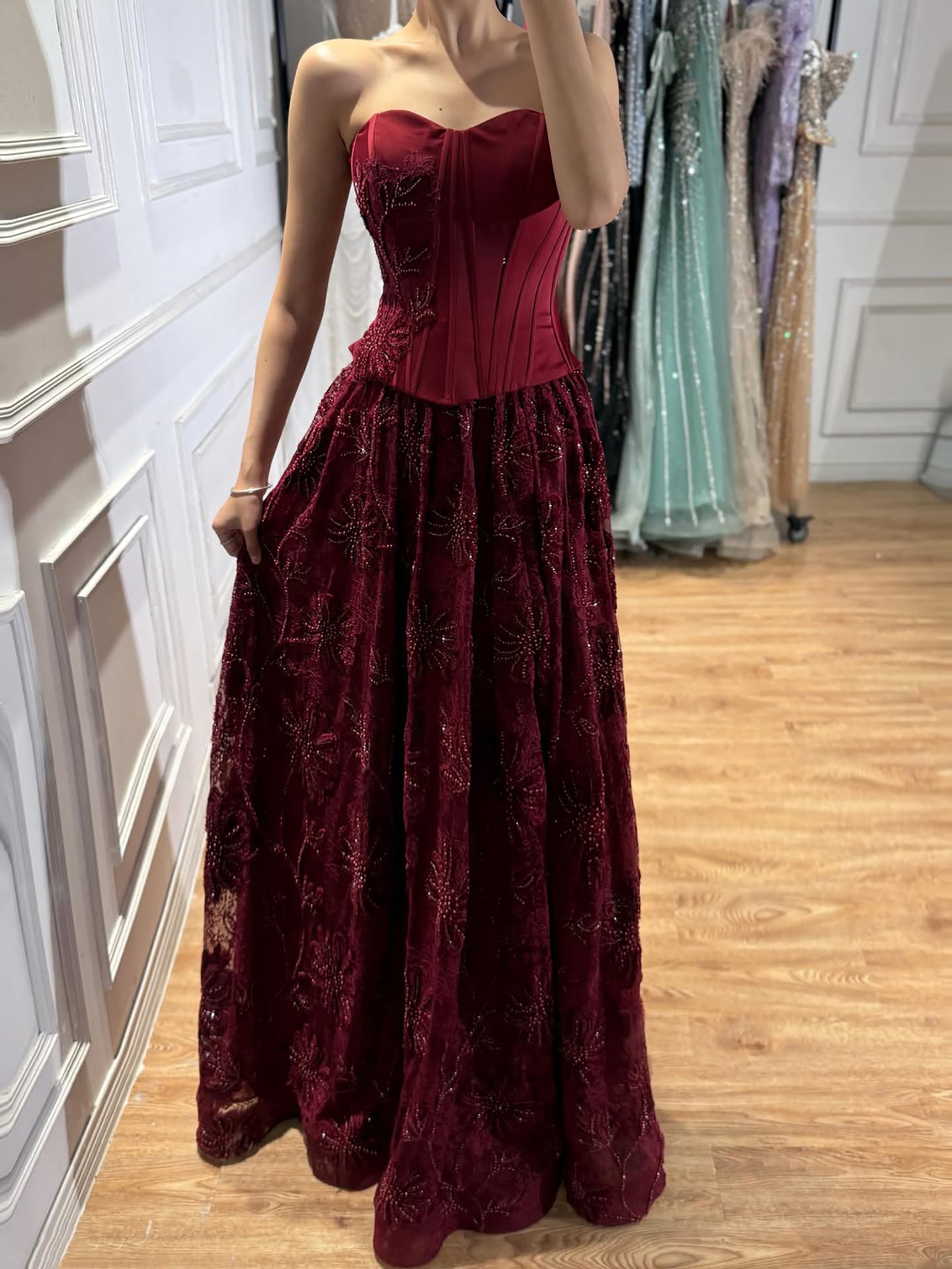 Luxury Wine Red Strapless Beaded Corset A-Line Evening Dress LA73775 SERENE HILL