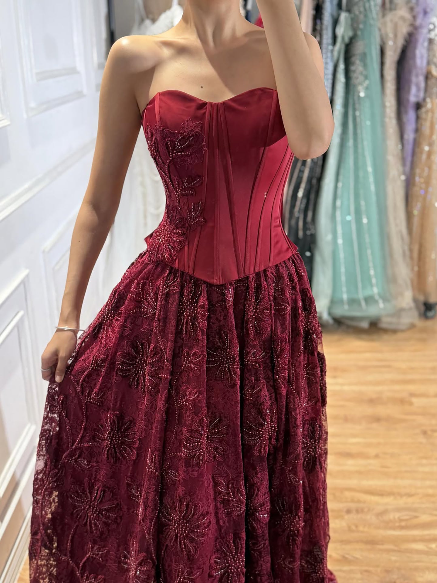 Luxury Wine Red Strapless Beaded Corset A-Line Evening Dress LA73775 SERENE HILL