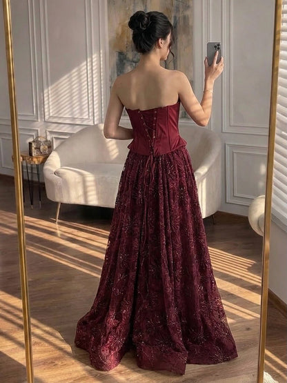 Luxury Wine Red Strapless Beaded Corset A-Line Evening Dress LA73775 SERENE HILL