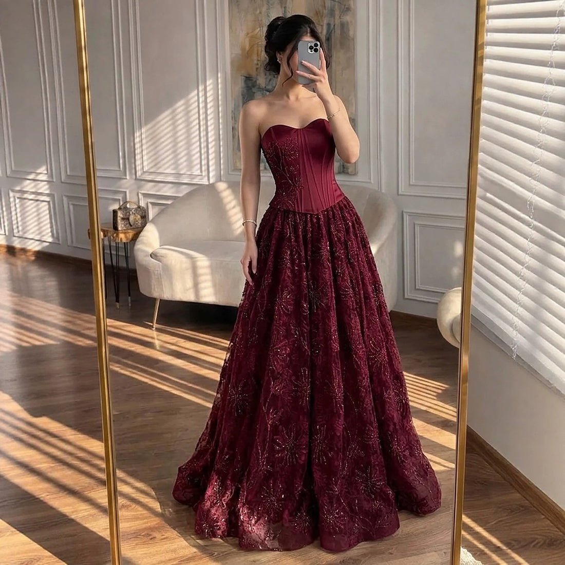 Luxury Wine Red Strapless Beaded Corset A-Line Evening Dress LA73775 SERENE HILL