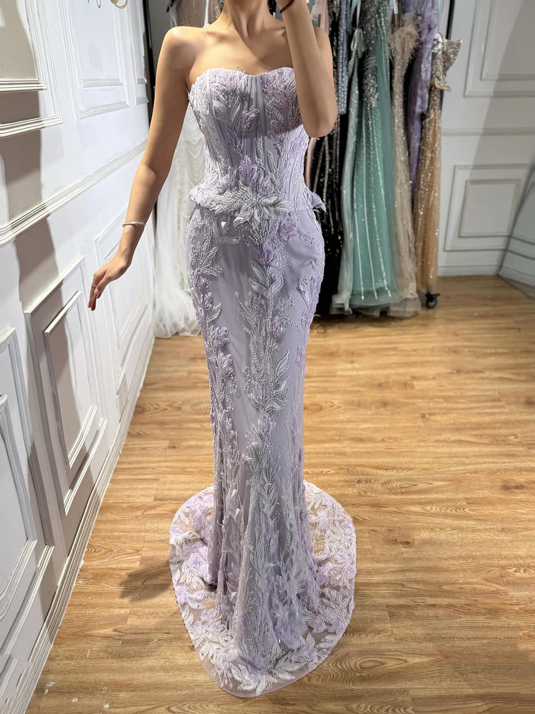 Luxury Lilac Strapless Beaded Peplum Mermaid Evening Dress LA73776 SERENE HILL