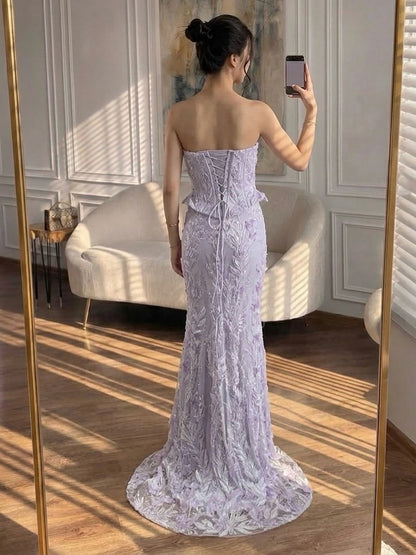 Luxury Lilac Strapless Beaded Peplum Mermaid Evening Dress LA73776 SERENE HILL