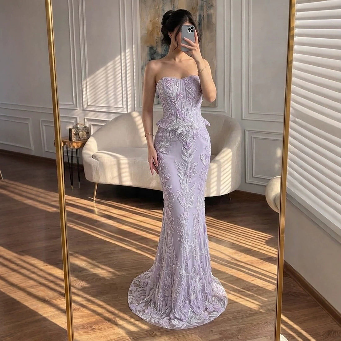 Luxury Lilac Strapless Beaded Peplum Mermaid Evening Dress LA73776 SERENE HILL