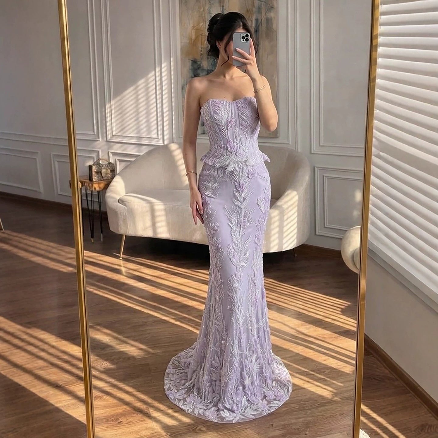 Luxury Lilac Strapless Beaded Peplum Mermaid Evening Dress LA73776 SERENE HILL