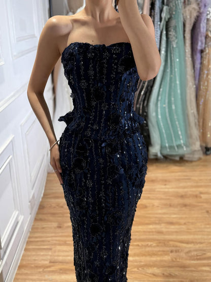 Luxury Navy Blue 3D Floral Beaded Mermaid Gown LA73777 SERENE HILL