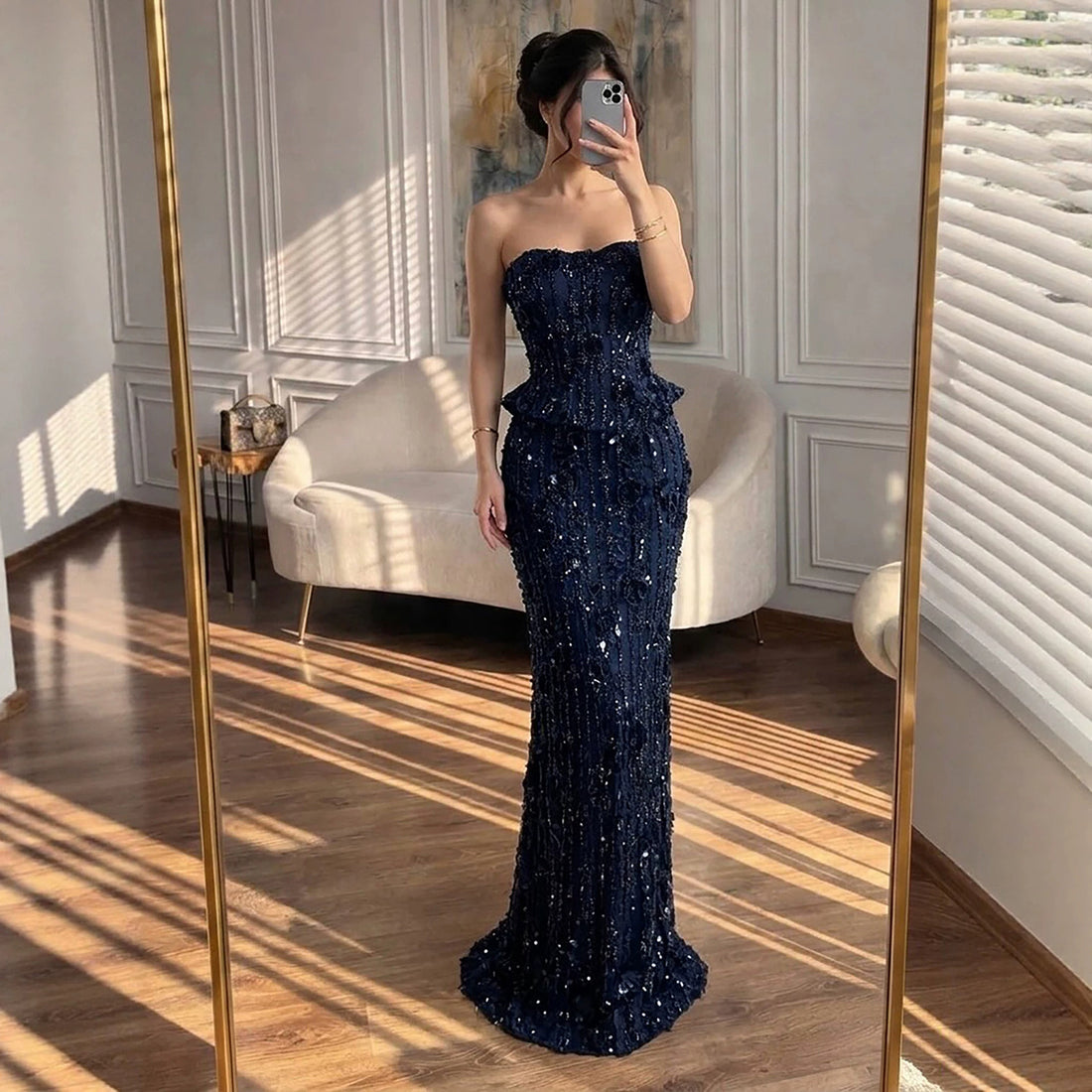 Luxury Navy Blue 3D Floral Beaded Mermaid Gown LA73777 SERENE HILL