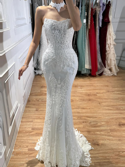 Luxury White Beaded Lace Strapless Mermaid Wedding Dress LA73778 SERENE HILL
