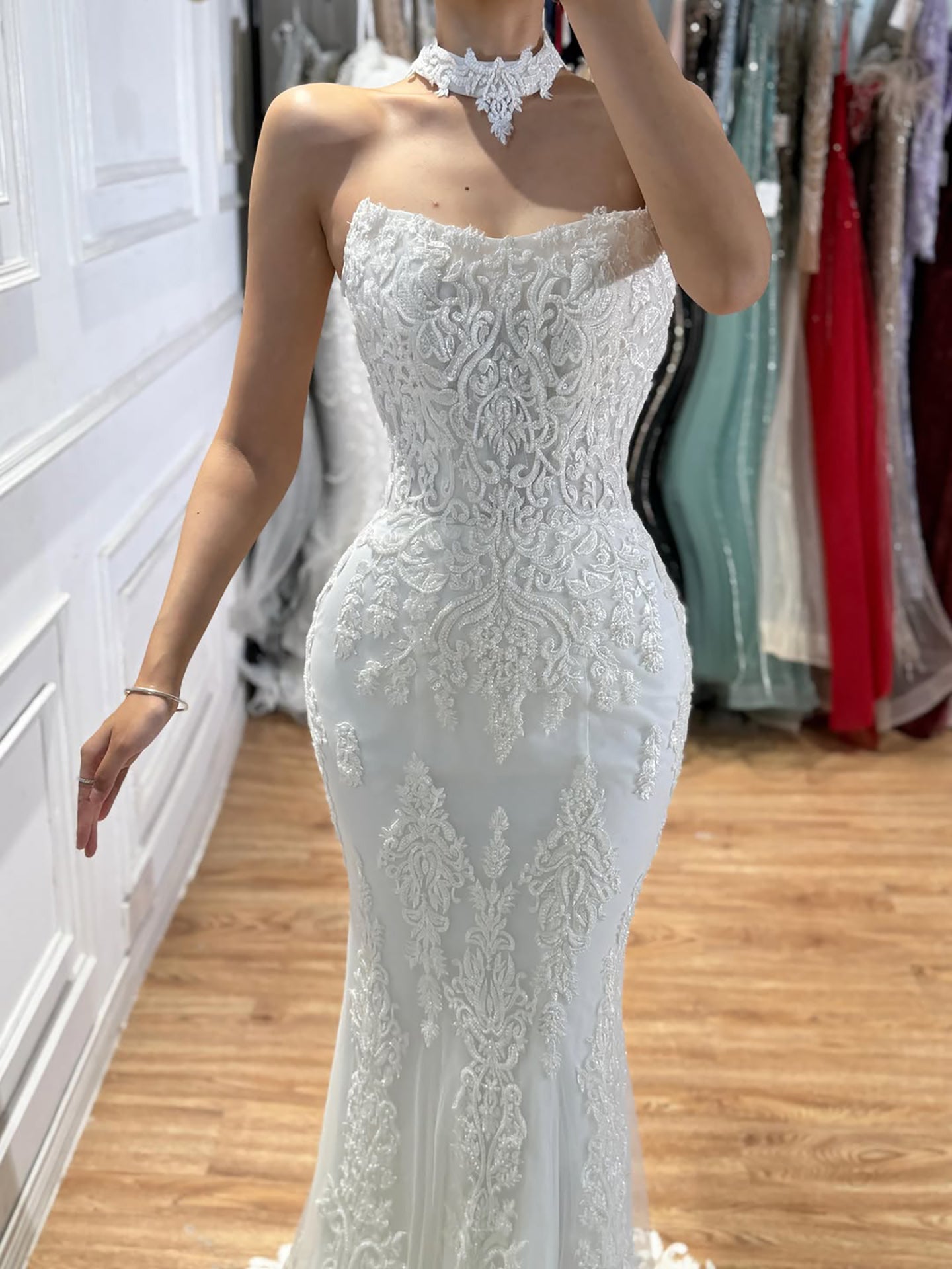 Luxury White Beaded Lace Strapless Mermaid Wedding Dress LA73778 SERENE HILL