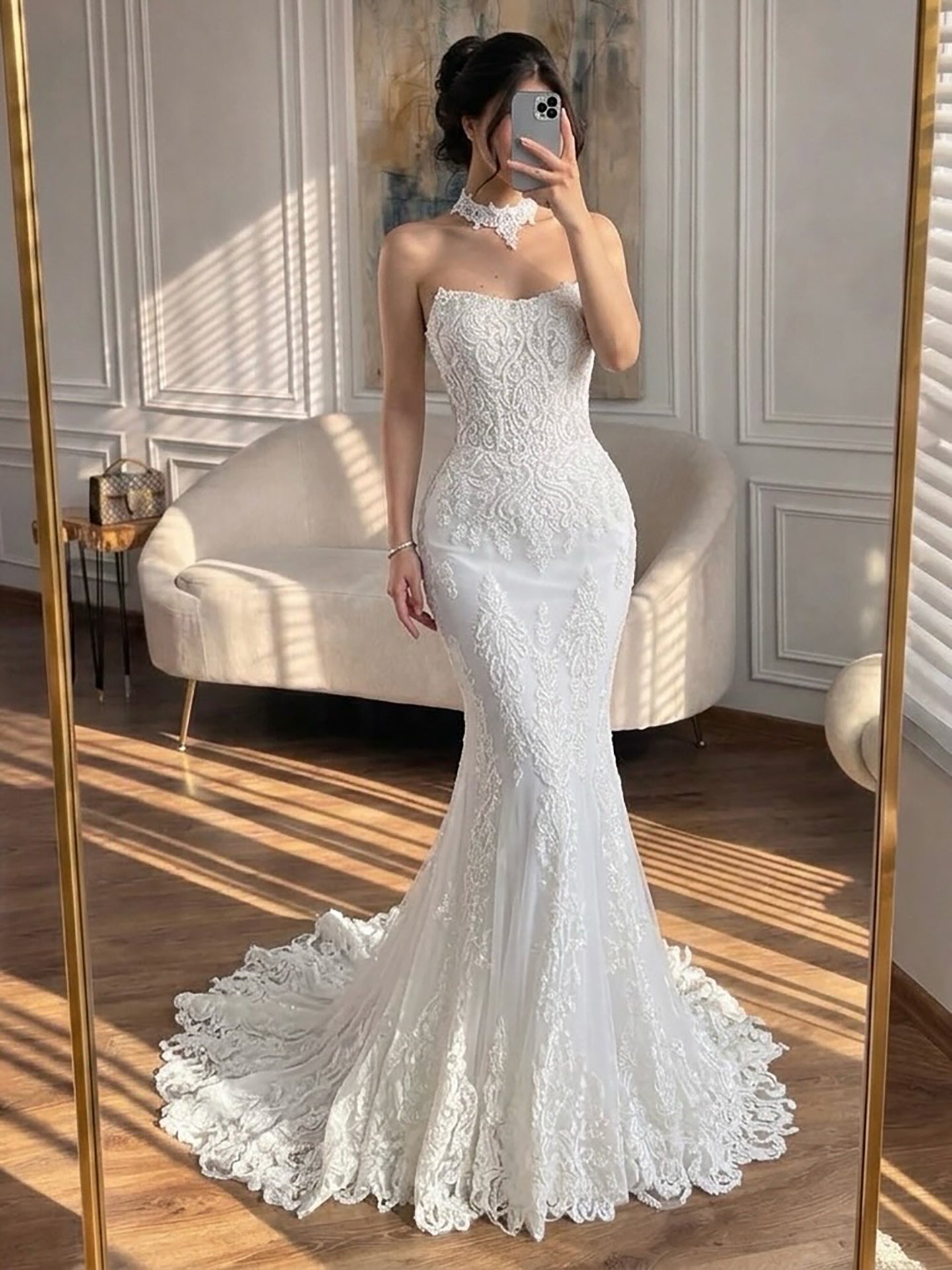 Luxury White Beaded Lace Strapless Mermaid Wedding Dress LA73778 SERENE HILL