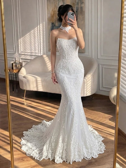 Luxury White Beaded Lace Strapless Mermaid Wedding Dress LA73778 SERENE HILL