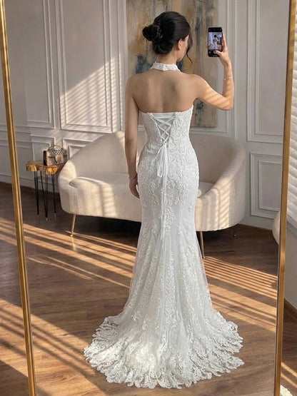 Luxury White Beaded Lace Strapless Mermaid Wedding Dress LA73778 SERENE HILL