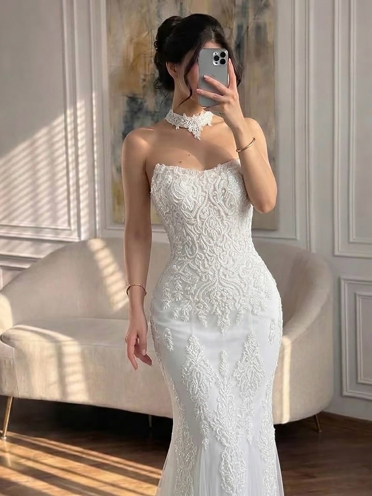 Luxury White Beaded Lace Strapless Mermaid Wedding Dress LA73778 SERENE HILL