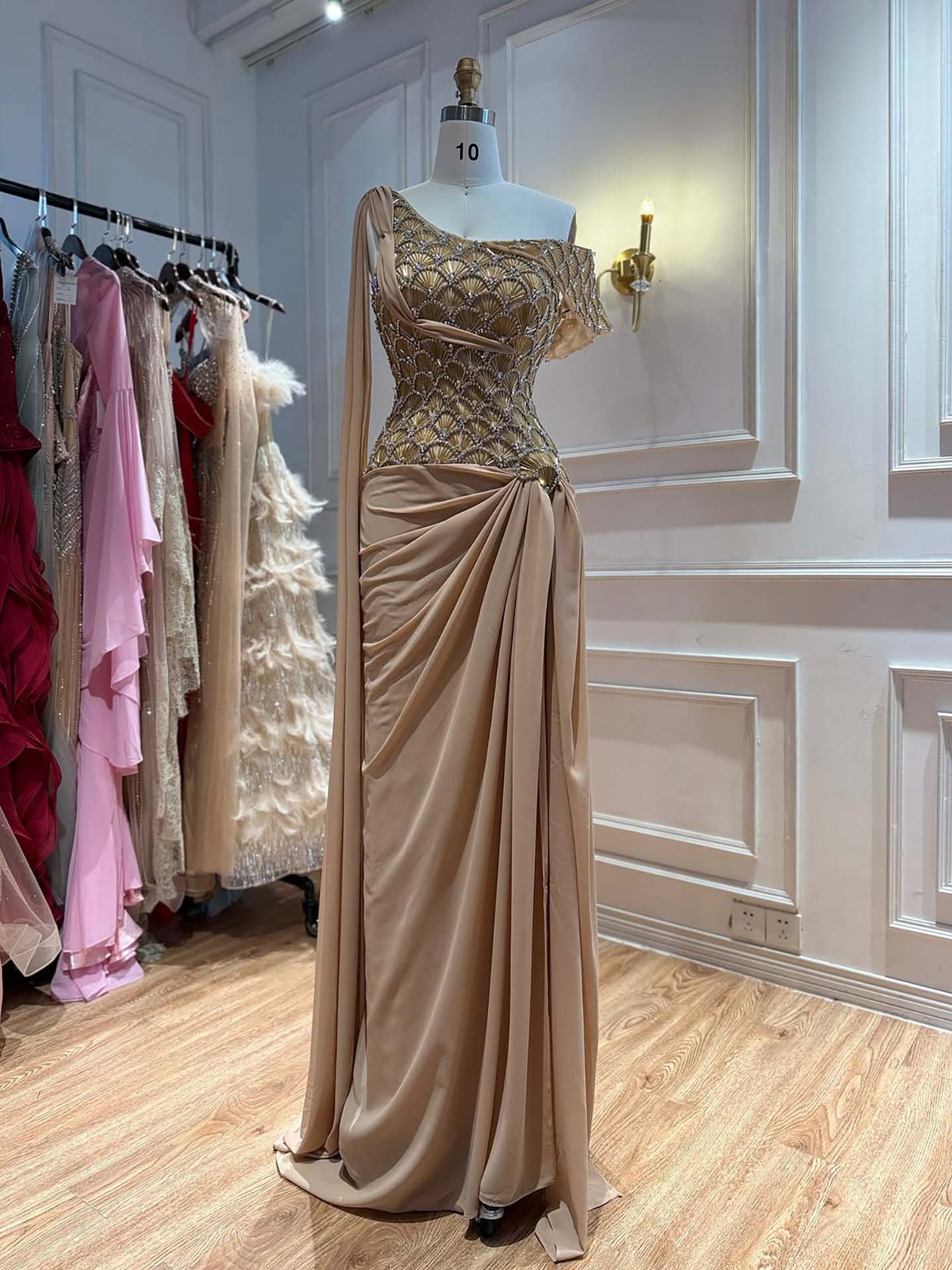 Luxury Gold Beaded One Shoulder Chiffon Mermaid Evening Dress LA73780