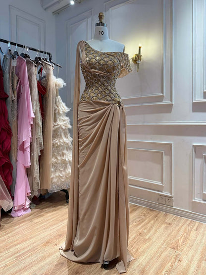 Luxury Gold Beaded One Shoulder Chiffon Mermaid Evening Dress LA73780