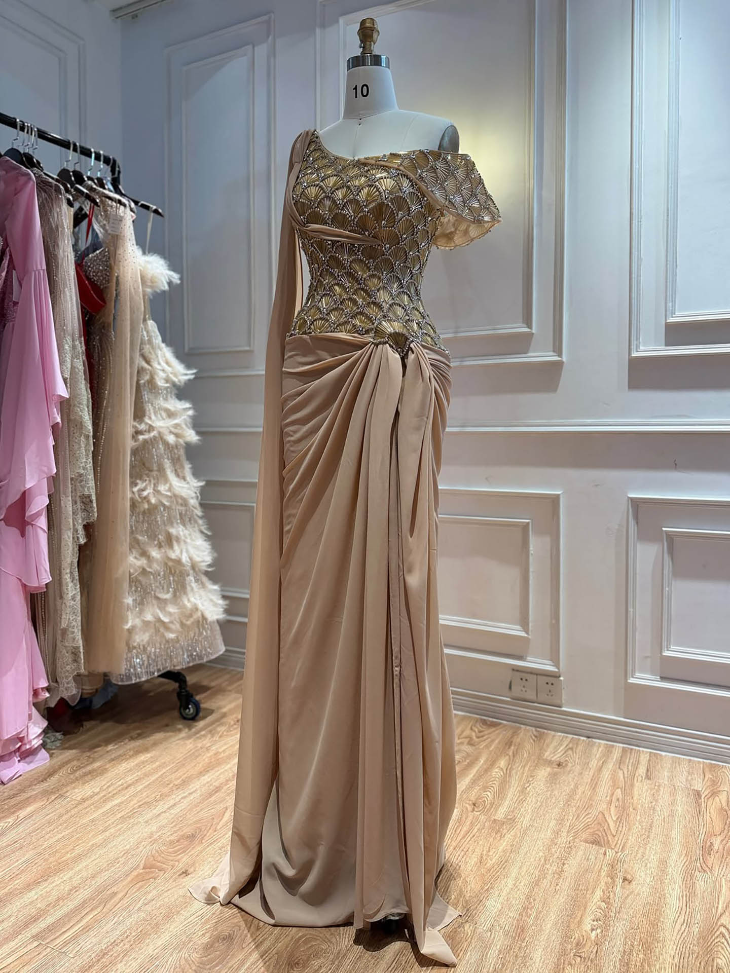 Luxury Gold Beaded One Shoulder Chiffon Mermaid Evening Dress LA73780