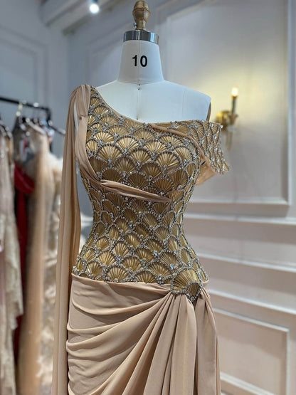 Luxury Gold Beaded One Shoulder Chiffon Mermaid Evening Dress LA73780