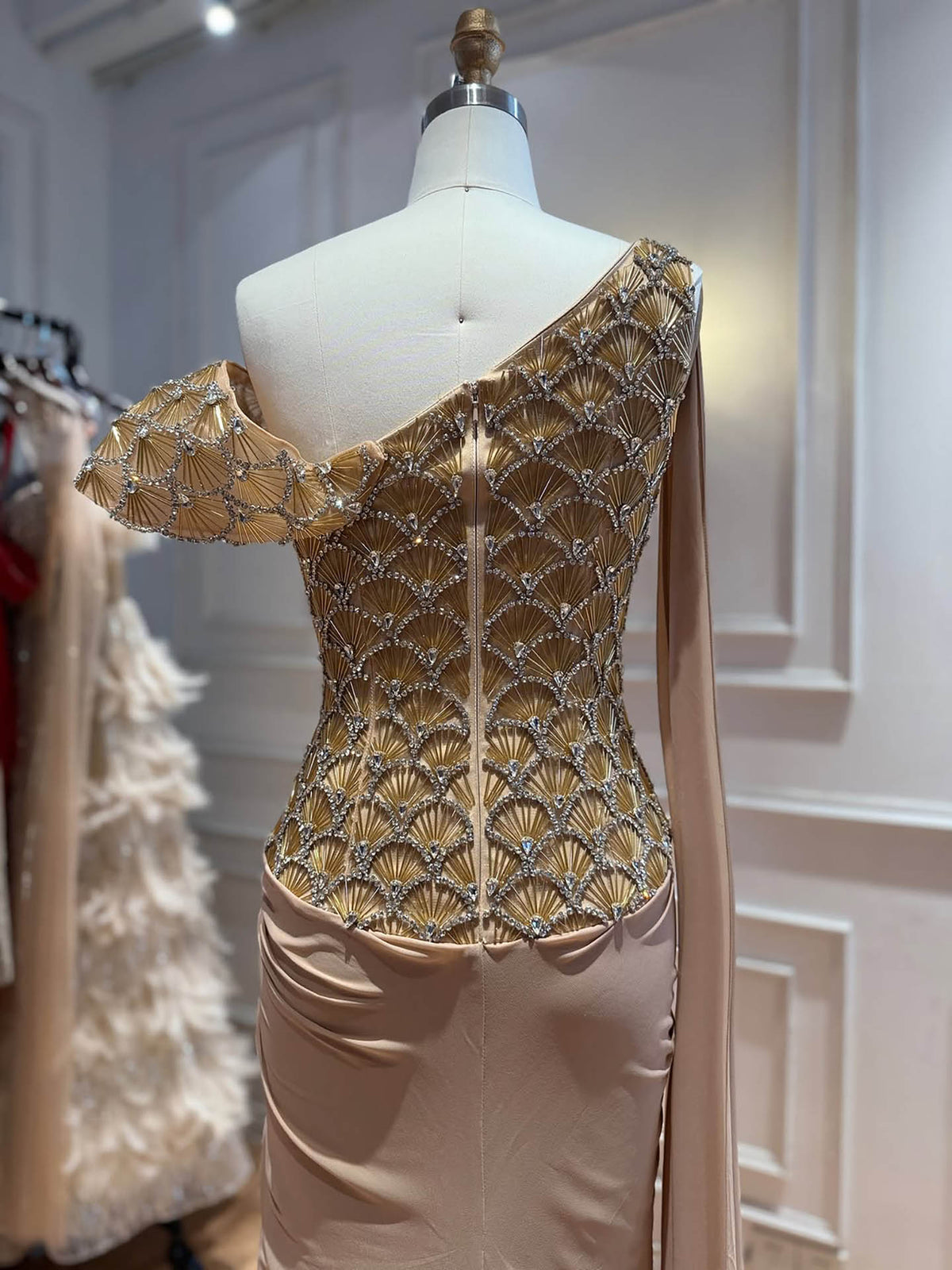 Luxury Gold Beaded One Shoulder Chiffon Mermaid Evening Dress LA73780