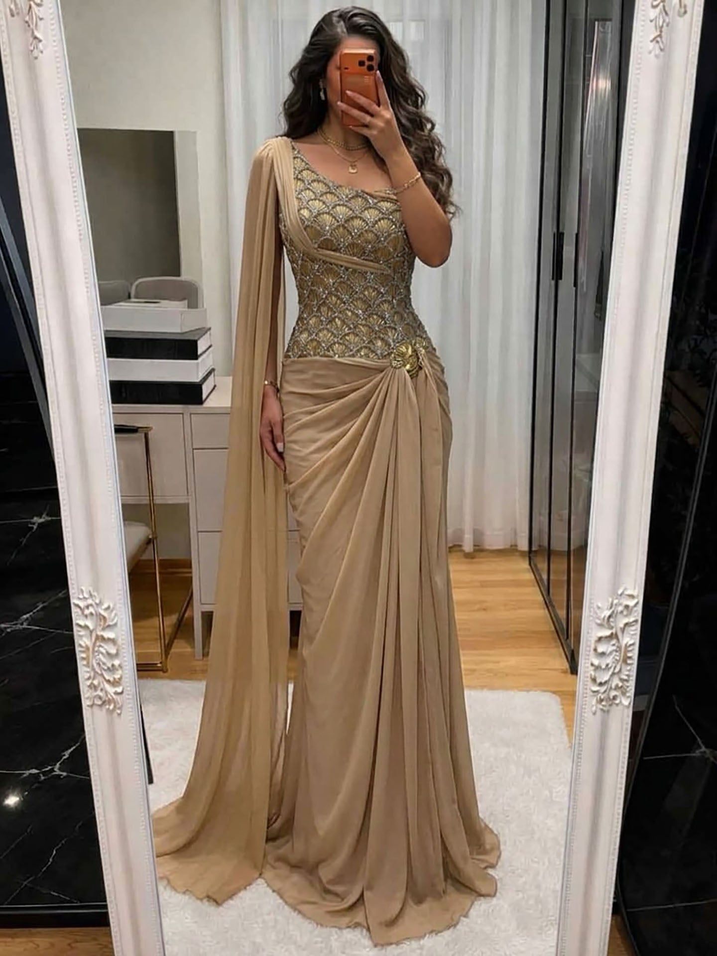 Luxury Gold Beaded One Shoulder Chiffon Mermaid Evening Dress LA73780