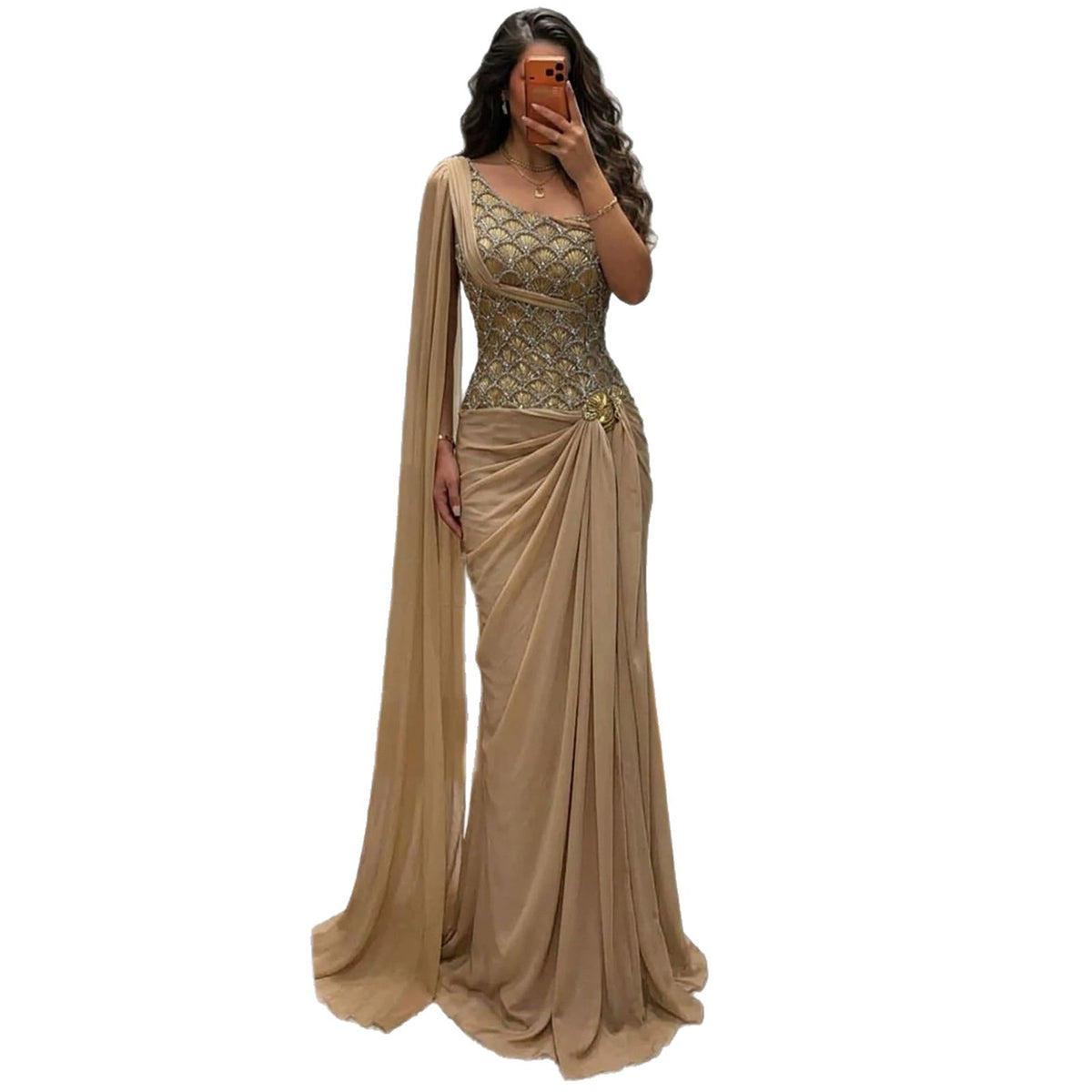 Luxury Gold Beaded One Shoulder Chiffon Mermaid Evening Dress LA73780