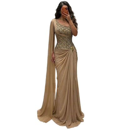 Luxury Gold Beaded One Shoulder Chiffon Mermaid Evening Dress LA73780