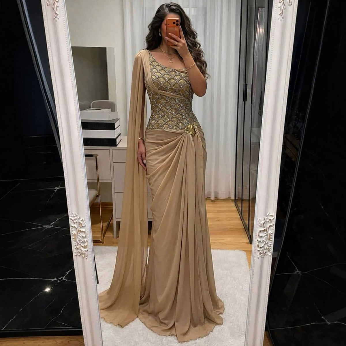 Luxury Gold Beaded One Shoulder Chiffon Mermaid Evening Dress LA73780