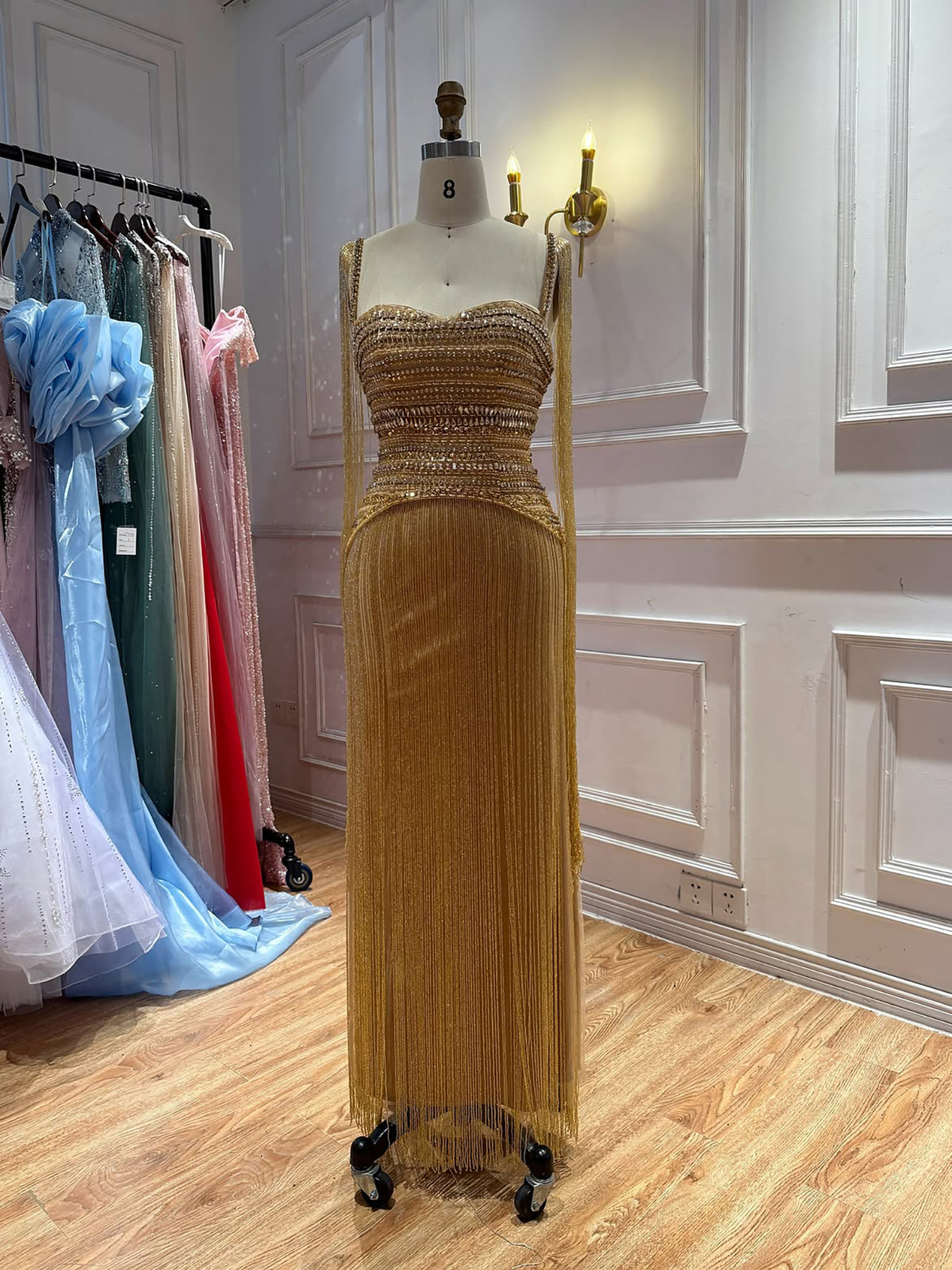 Gold Crystal Beaded Tassel Spaghetti Strap Column Evening Dress LA73781
