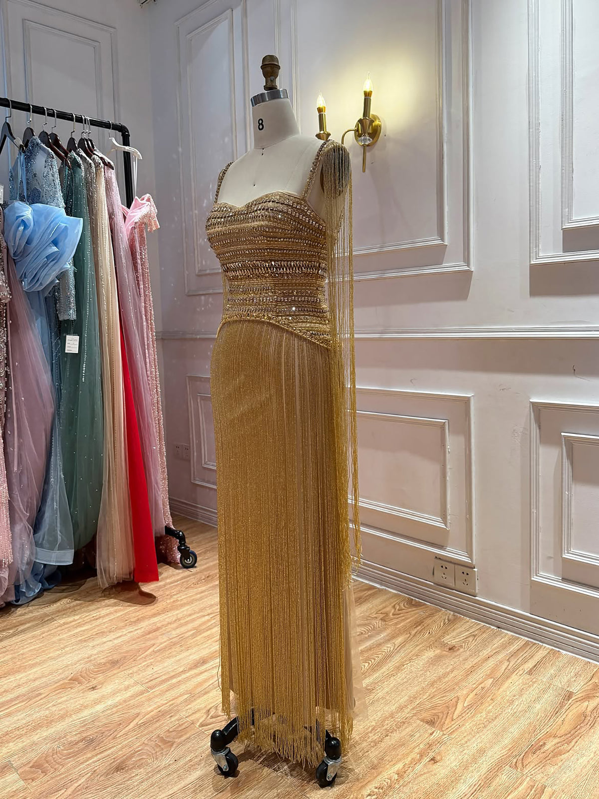 Gold Crystal Beaded Tassel Spaghetti Strap Column Evening Dress LA73781
