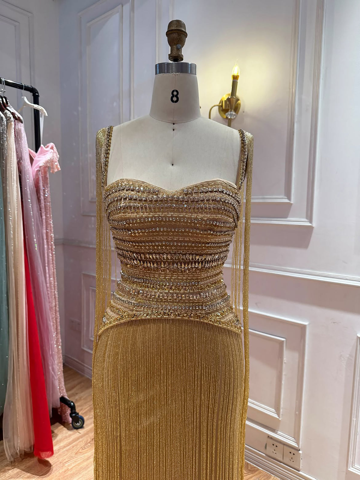 Gold Crystal Beaded Tassel Spaghetti Strap Column Evening Dress LA73781