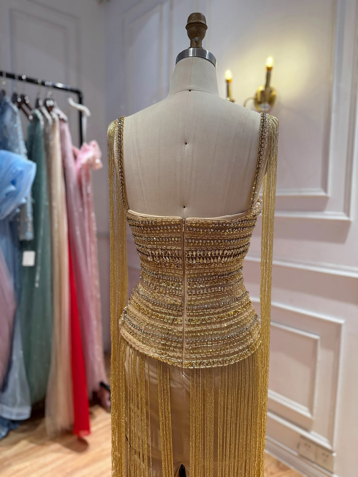 Gold Crystal Beaded Tassel Spaghetti Strap Column Evening Dress LA73781