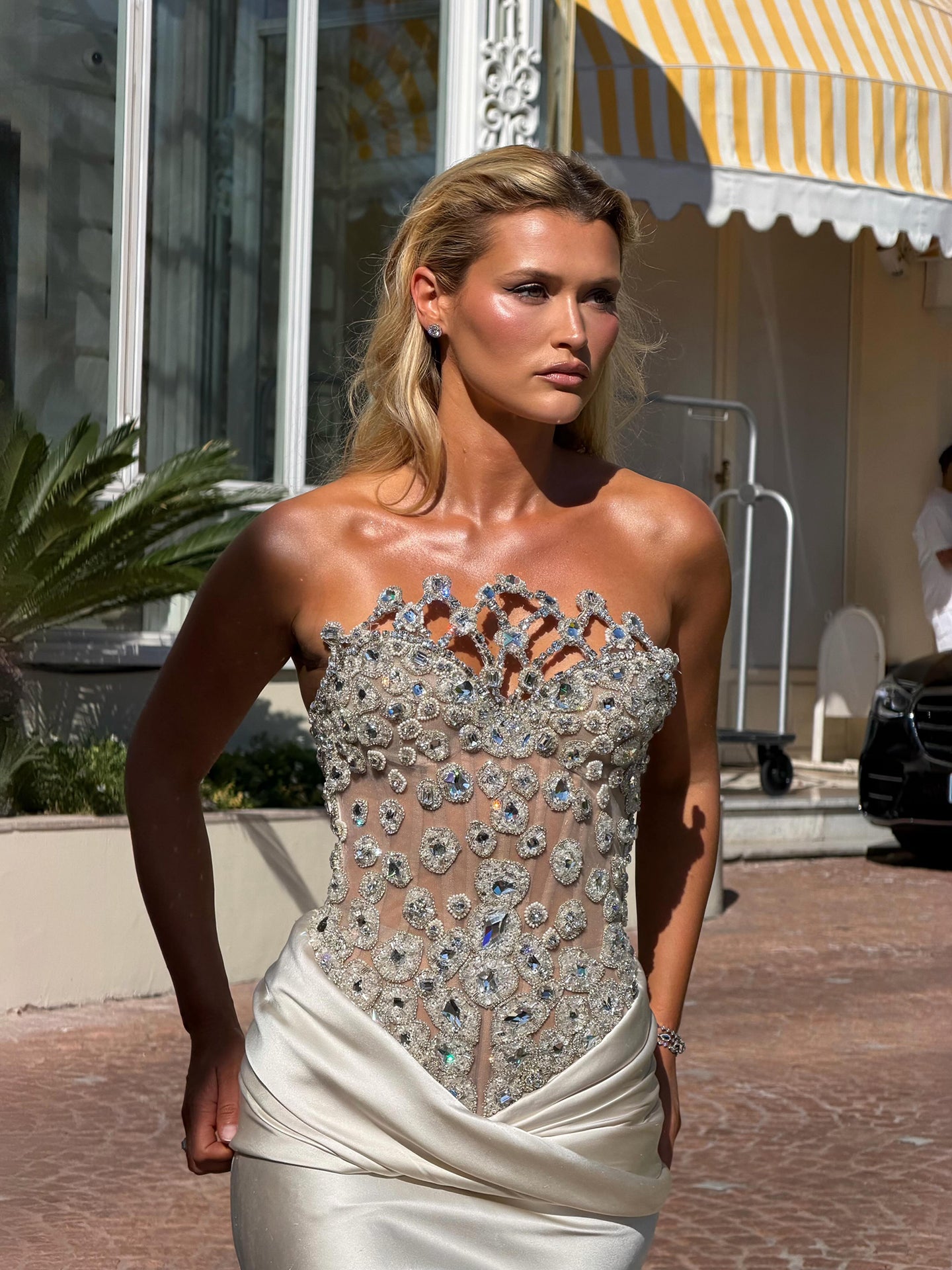 Luxury Champagne Strapless Crystal Satin Mermaid Evening Dress LA73782 SERENE HILL