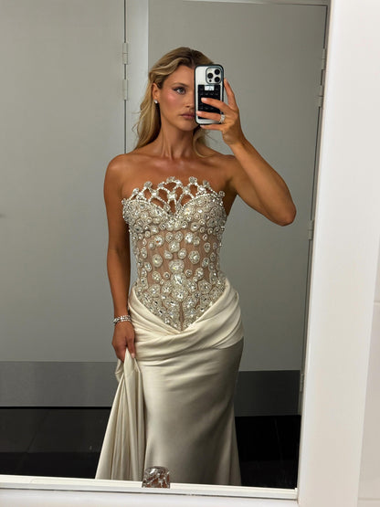 Luxury Champagne Strapless Crystal Satin Mermaid Evening Dress LA73782 SERENE HILL
