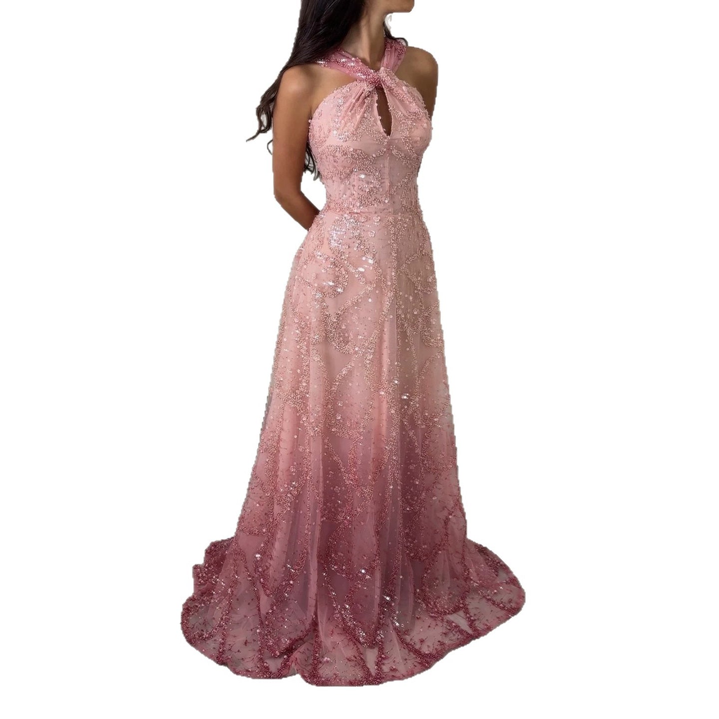 Luxury Pink Ombre Cross-Neck Beaded A-Line Gown LA73783 SERENE HILL