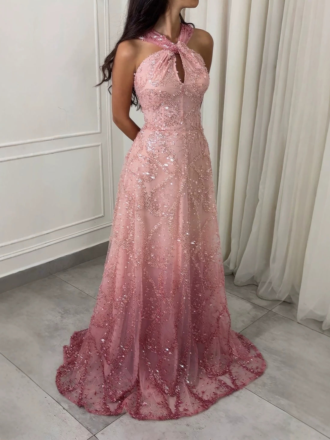 Luxury Pink Ombre Cross-Neck Beaded A-Line Gown LA73783 SERENE HILL