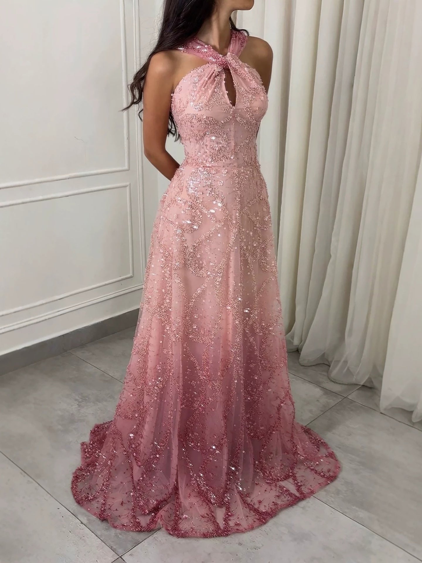 Luxury Pink Ombre Cross-Neck Beaded A-Line Gown LA73783 SERENE HILL
