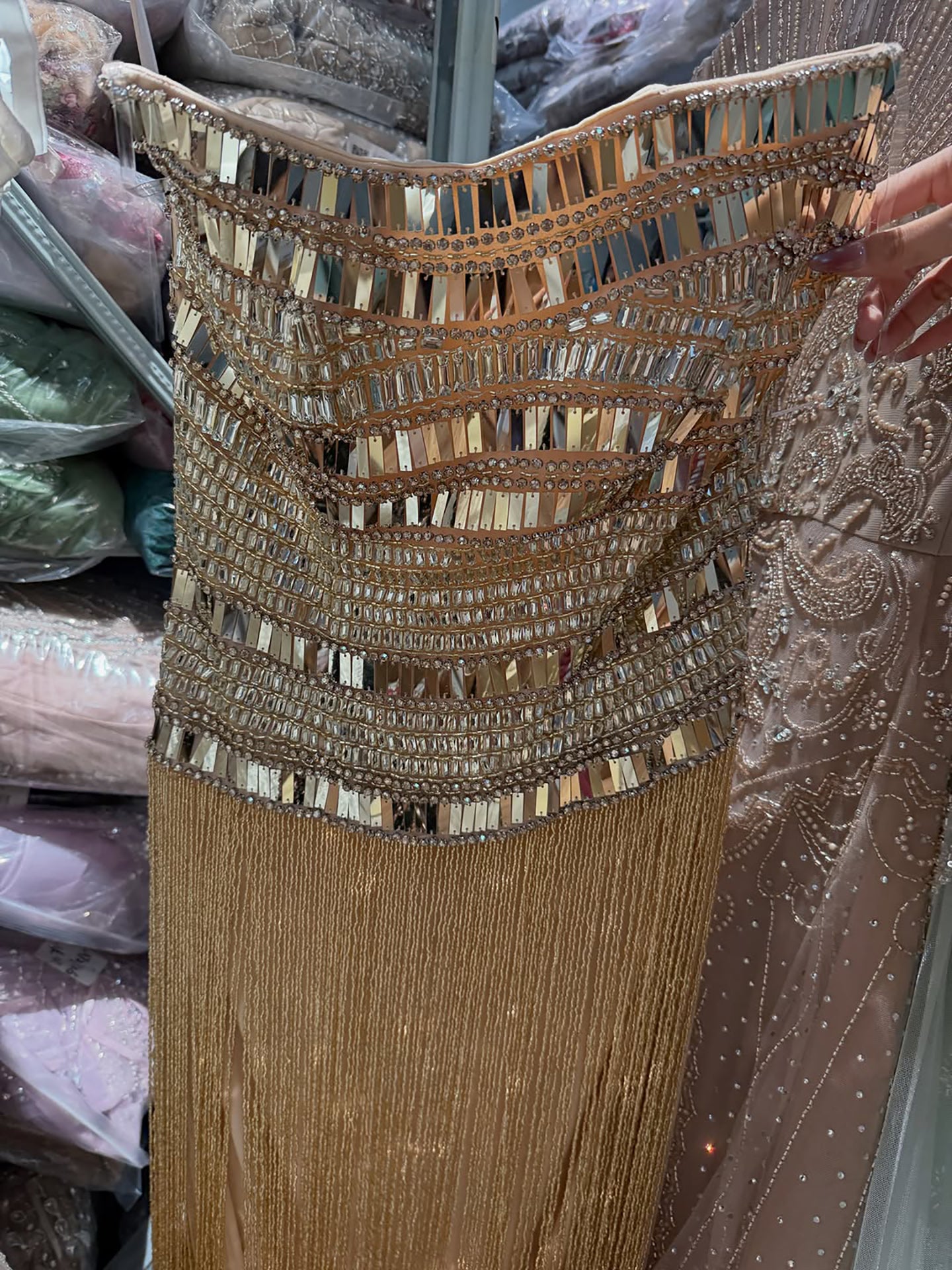 Luxury Gold Crystal Beaded Strapless Tassel Evening Dress LA73785 SERENE HILL