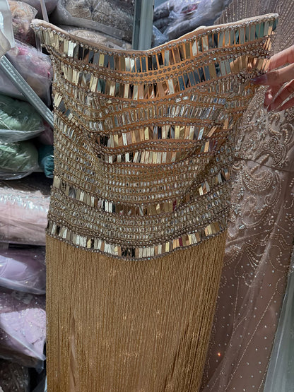 Luxury Gold Crystal Beaded Strapless Tassel Evening Dress LA73785 SERENE HILL