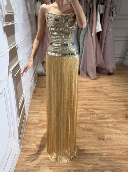 Luxury Gold Crystal Beaded Strapless Tassel Evening Dress LA73785 SERENE HILL