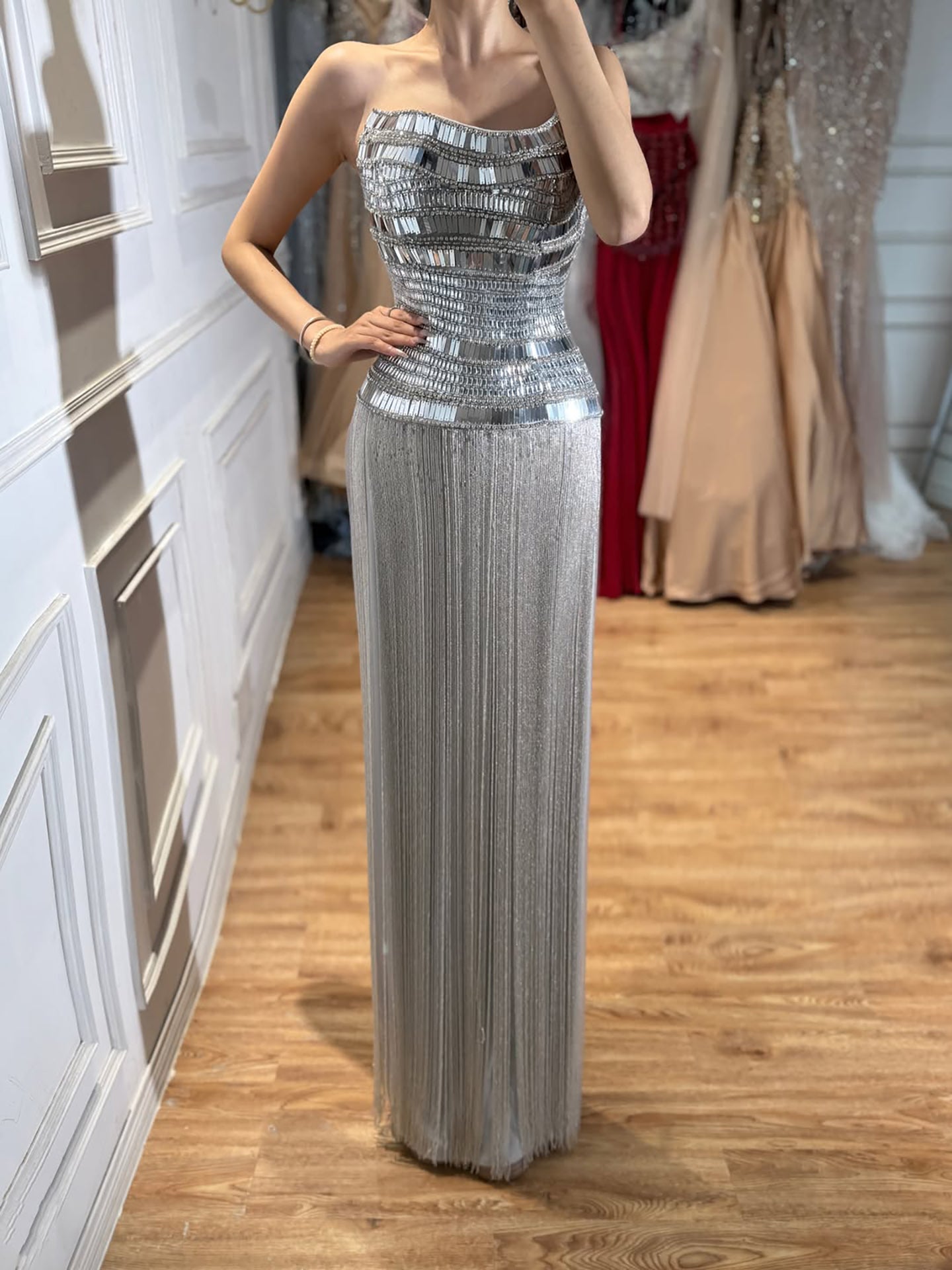 Luxury Gold Crystal Beaded Strapless Tassel Evening Dress LA73785 SERENE HILL